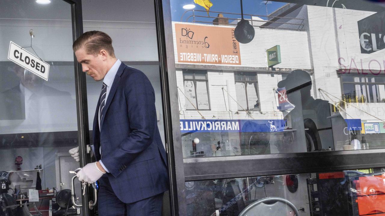 A detective at Adel’s Salon in Marrickville, where the shooting occurred on Friday. Picture: NCA NewsWire, Monique Harmer