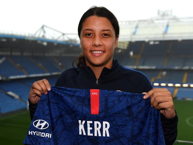 STRICT EMBARGO: Not for online until after 7pm Sydney time, November 13, 2019. Sam Kerr pictured at Stamford Bridge after signing for Chelsea.