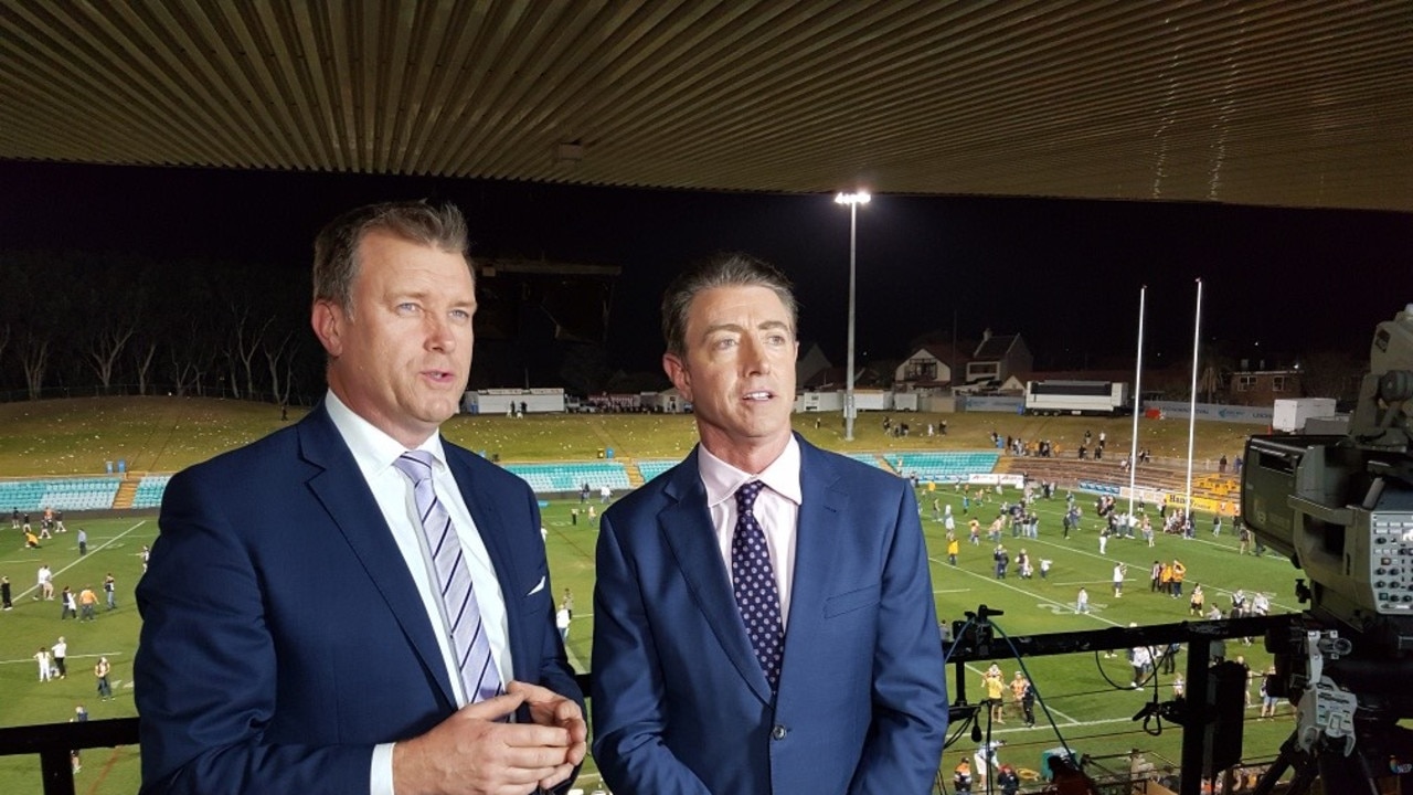 Andrew Voss (left) and Greg Alexander in action for Fox League. NRL Imagery