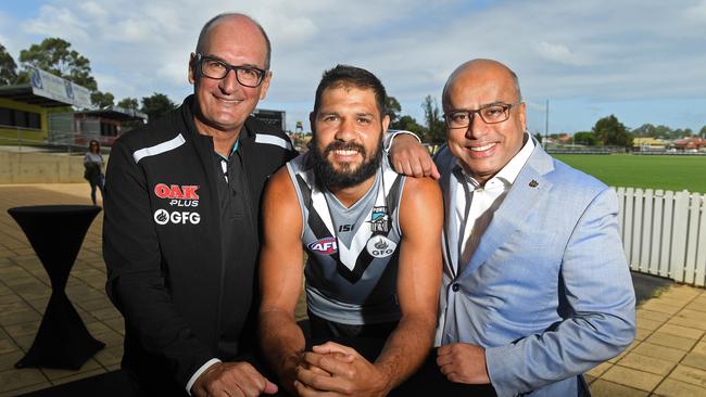 Port Adelaide announce Sanjeev Gupta's GFG as new joint major sponsor. Port Adelaide David Koch, player Patrick Ryder and Sanjeev Gupta. Picture: Tom Huntley