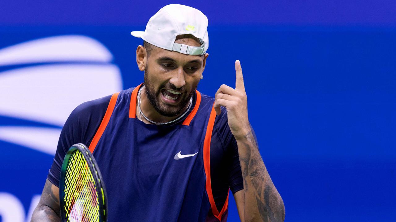 Australia's Nick Kyrgios reacts after a point against Australia's Thanasi Kokkinakis