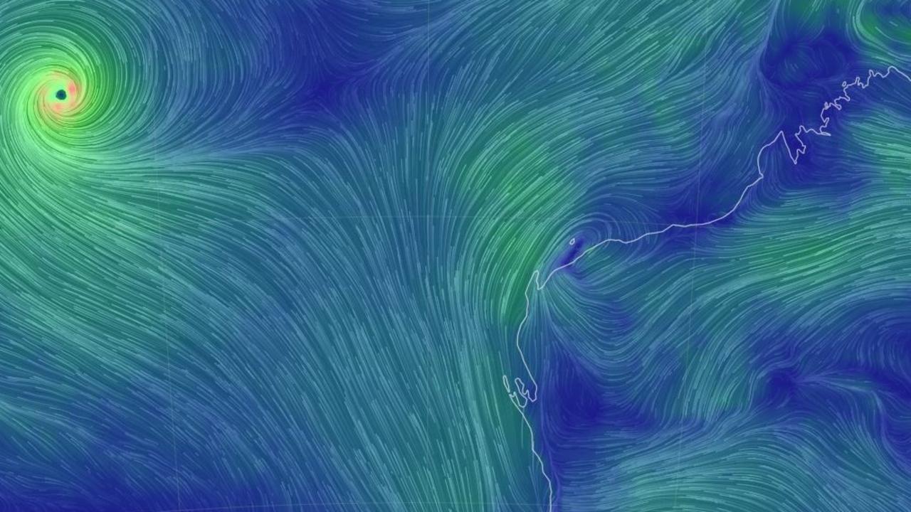 Cyclone Freddy, a category 3 system, continues westward over the Indian Ocean. Picture: earth.nullschool.net