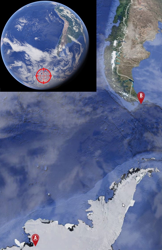 The location of the Pine Island and Thwaites glaciers (A) in western Antarctica in relation to Cape Horn, South America (B). The fate of just these two glaciers will determine the extent — and speed — of rising sea levels. Picture: Google Maps