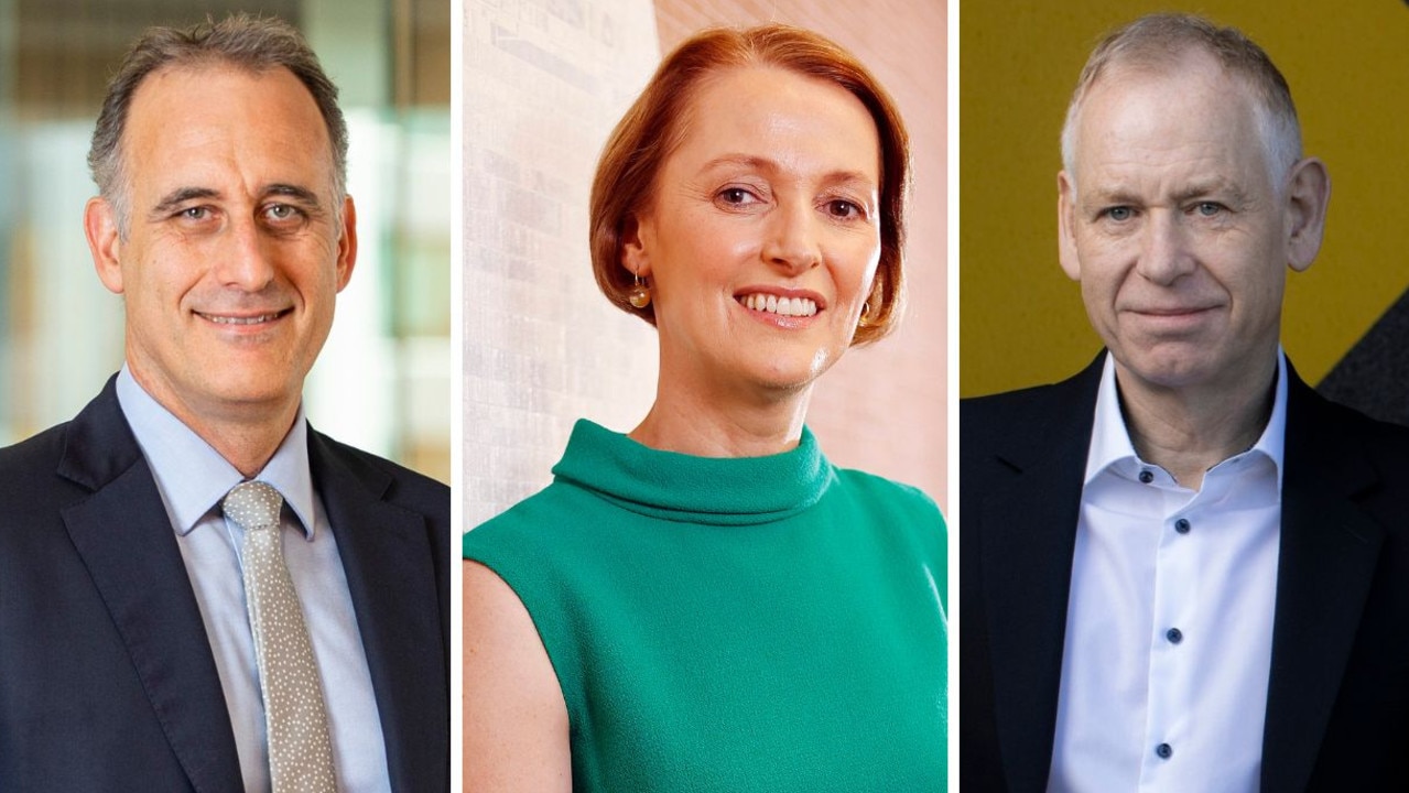 Wesfarmers chief Rob Scott, Telstra’s Vicki Brady and JB Hi-Fi’s Terry Smart