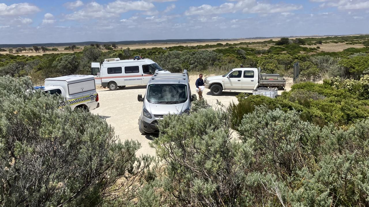 Emergency services at the scene near where a boat capsized at Point Connor, near Beachport, on Monday. Picture: Frank Monger