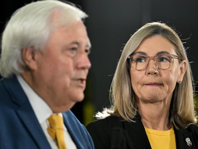 SUNSHINE COAST, AUSTRALIA - APRIL 19:  Australian businessman Clive Palmer is watched by the leader of the Trumpet of Patriots party Suellen Wrightson during a press conference after the federal election campaign launch of their 'Trumpet of  Patriots' party on April 19, 2025 on the Sunshine Coast, Australia. Australian businessman and former member of parliament, Clive Palmer is intending to contest the 2025 federal election with his Trumpet of Patriots party. (Photo by Dan Peled/Getty Images)
