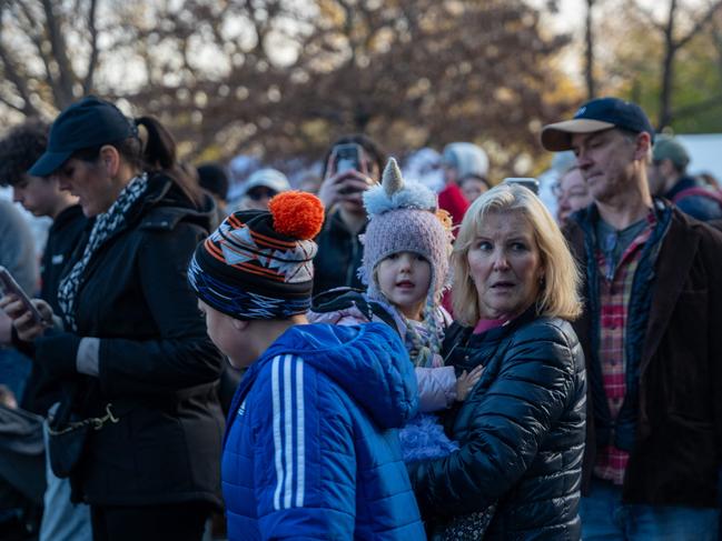 Onlookers watch as workers participate in the annual balloon inflation for the 2024 Macy's Thanksgiving Day Parade, when the Bluey balloon was heard to ‘pop’. Picture: Getty Images via AFP