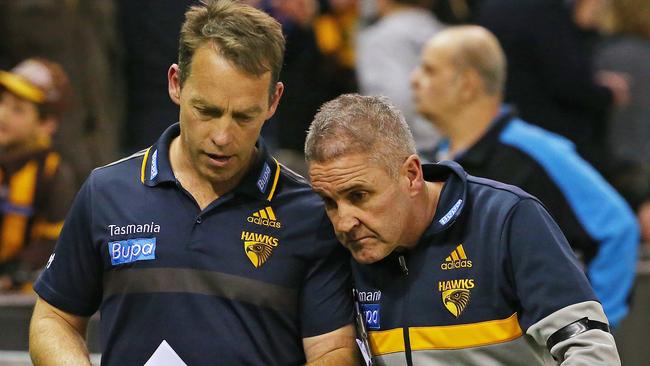 Alastair Clarkson and Chris Fagan in their time as Hawthorn staff members. Picture: Colleen Petch.