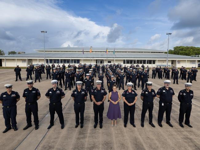 Drone shots of Chief Minister Lia Finocchiaro and NT Police Commissioner Michael Murphy with officers from NT Police in February 2025. Picture: NT Police