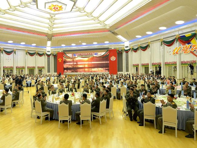 Scientists in the field of national defence attend a reception hosted by the Central Committee of the Workers’ Party of Korea in Pyongyang. Picture: KCNA/AFP