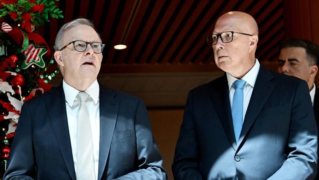 Australia's Prime Minister Anthony Albanese (L) talks with Australia's Opposition Leader Peter Dutton at the Wishing Tree at Parliament House in Canberra (Photo by TRACEY NEARMY / AFP)