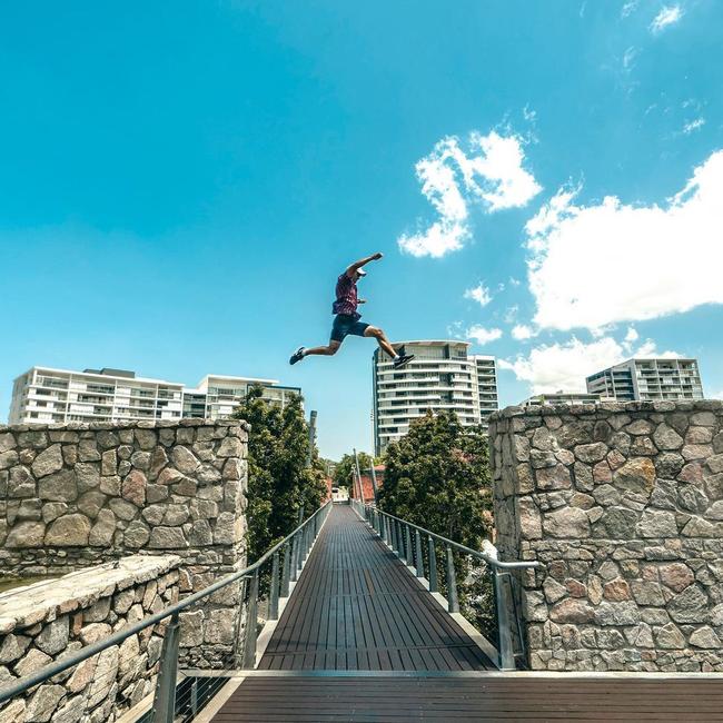 Brodie Pawson jumps between ledges in Brisbane. Pic: Izaac Fabian