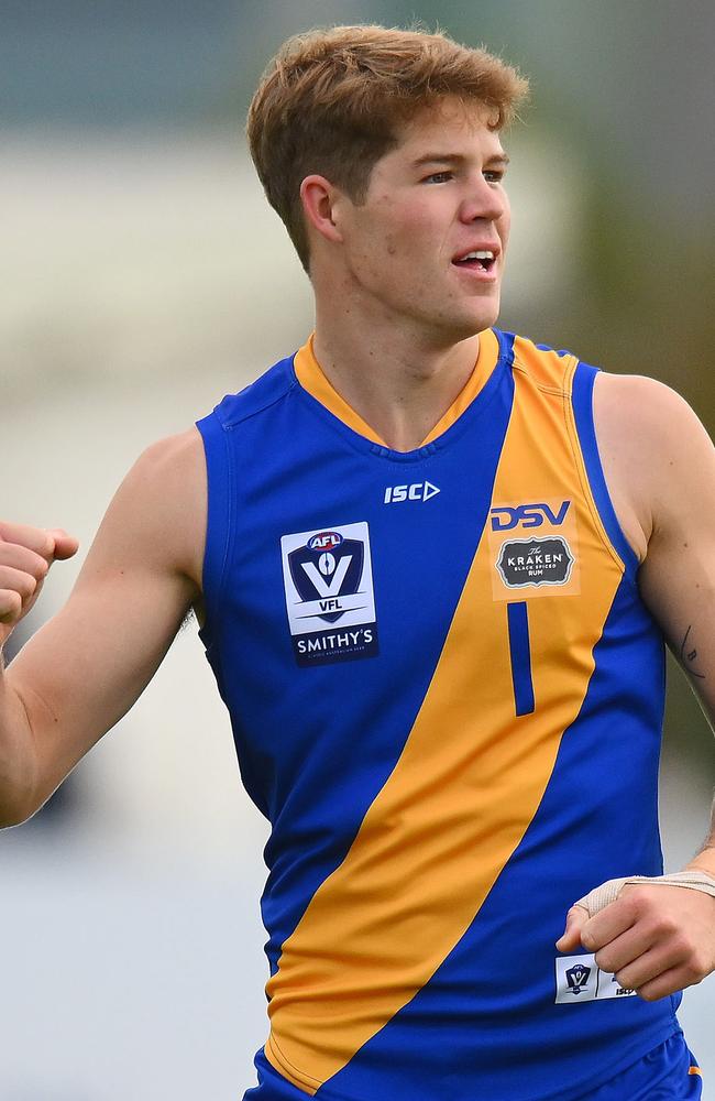 MELBOURNE, AUSTRALIA - APRIL 25: Corey Ellison of the Seagulls celebrates a goal during the 2024 VFL Round 05 match between Williamstown and Werribee at DSV Stadium on April 25, 2024 in Melbourne, Australia. (Photo by Morgan Hancock/AFL Photos)