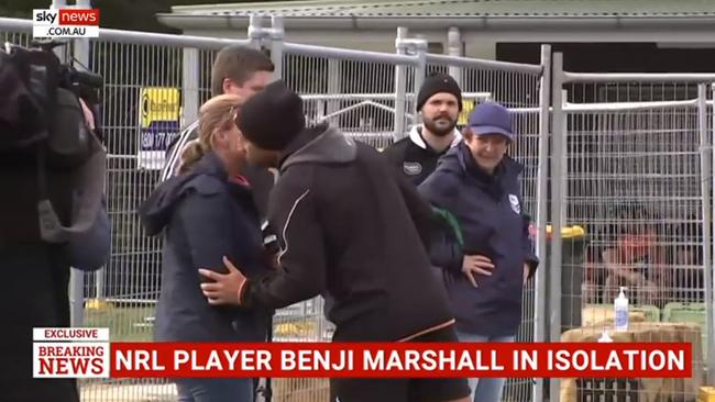 Benji Marshall kisses TV report Michelle Bishop on the cheek. Picture: Sky News