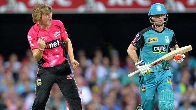 Henry Thornton celebrates a wicket for the Sydney Sixers in the BBL. Picture: Getty Images