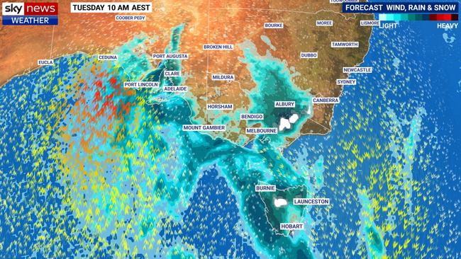 Rain and a cool change is spreading over South Australia and the nation’s southeast on Tuesday. Picture: Sky News Weather