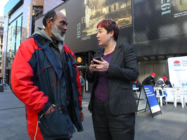 Lanz Priestly speaking with Jenny Leong, member for Newtown, at tent city in Martin Place today. Picture: Hollie Adams/The Australian