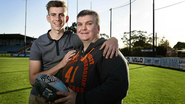 High school student Ryan Williams and his father Chris at the male role model evening at PAFC headquarters. Picture: Bianca De Marchi