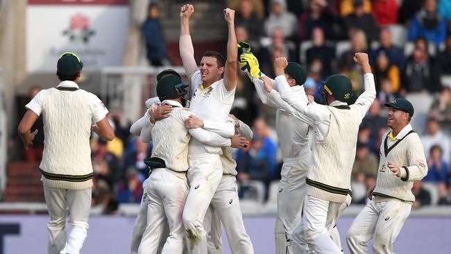 Josh Hazlewood secured the final wicket in the fourth Test at Old Trafford. Picture: Getty Images