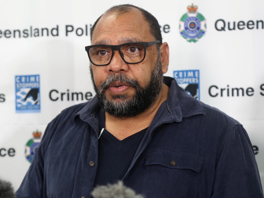 The uncle, Nick, of the boy who died after being left on a daycare bus reads a statement on behalf of the family at the Cairns police station. Picture: Stewart McLean