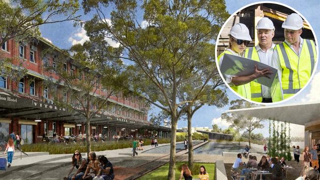 Queensland Premier Steven Miles, inset, inspects concept plans for Townsville's derelict North Rail Yards. Picture: Supplied