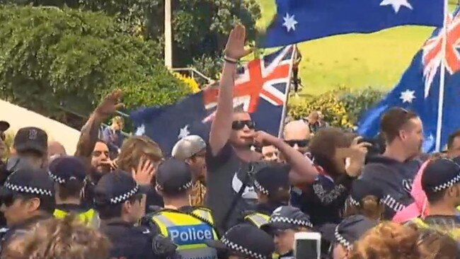 A number of far-Right extremists were seen giving Nazi salutes at the St Kilda rallies held over the weekend. Picture: ABC News