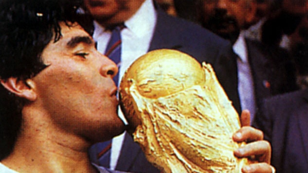 Player Diego Maradona kissing the World Cup trophy