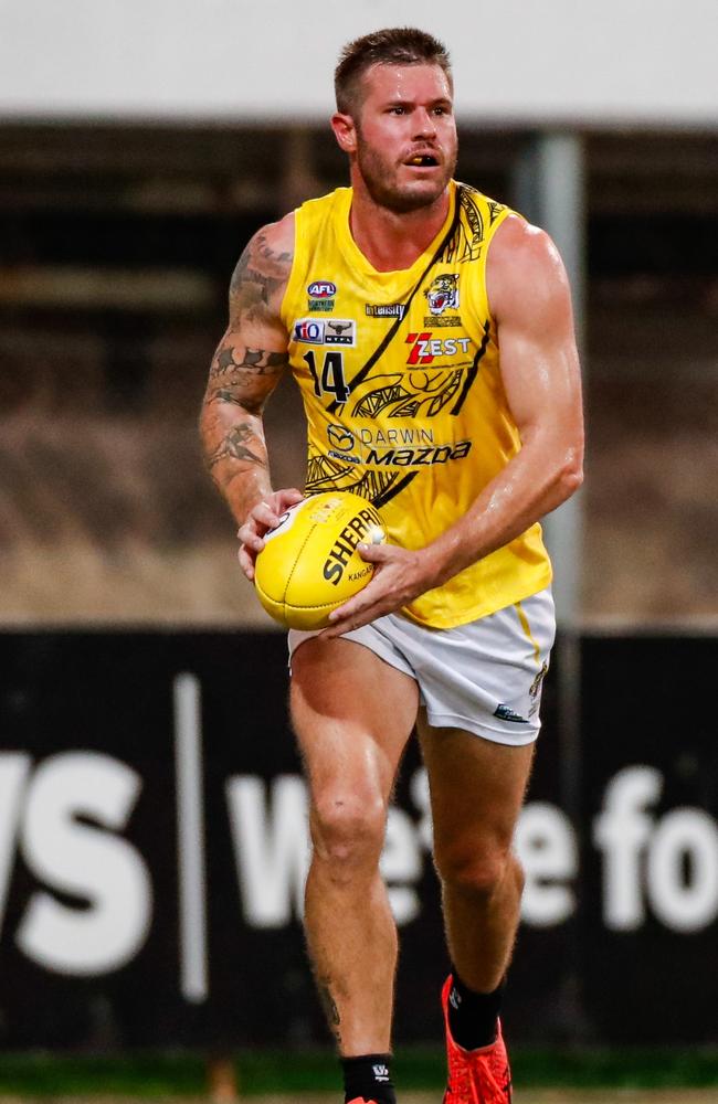 Nightcliff's Nathan Brown played his 200th Premier League match against Tiwi in Round 14 of the 2023-24 NTFL season. Picture: Celina Whan / AFLNT Media