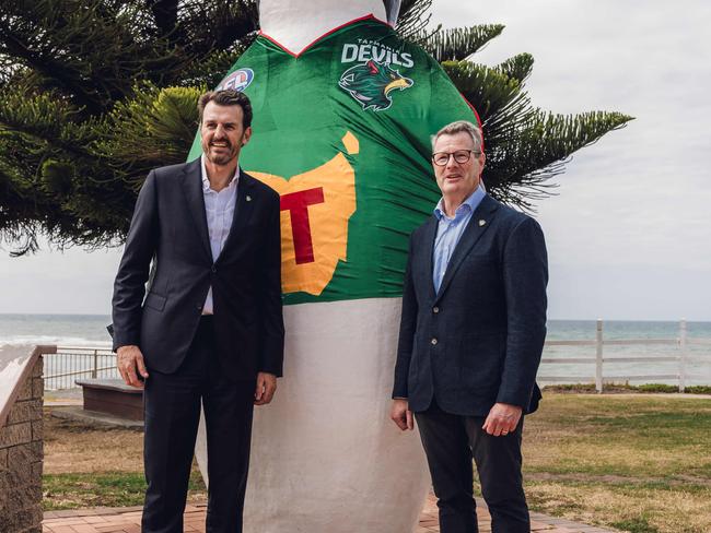 Brendon Gale with Grant O'Brien, chair of Tasmania Football Club. Picture: Tasmania Football Club