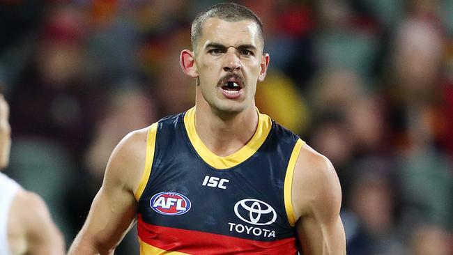 Crows forward Taylor Walker remonstrates with the umpires. Picture: Sarah Reed