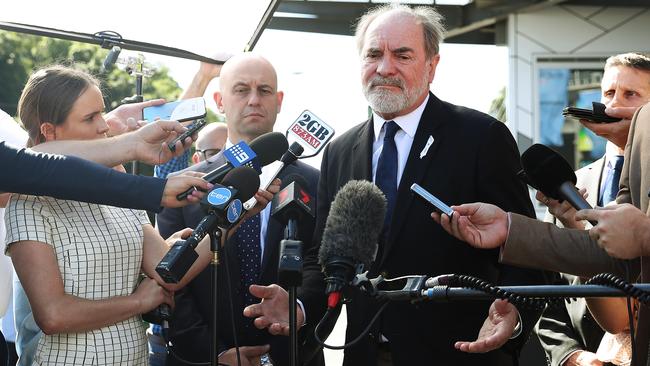 Australian Rugby League Commission Chairman John Grant and National Rugby League Chief Executive Todd Greenberg face the media. Picture: Brett Costello