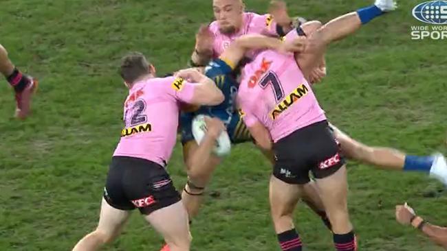 The horror lifting tackle which saw Panthers halfback Nathan Cleary sent-off and now facing five weeks on the sidelines.