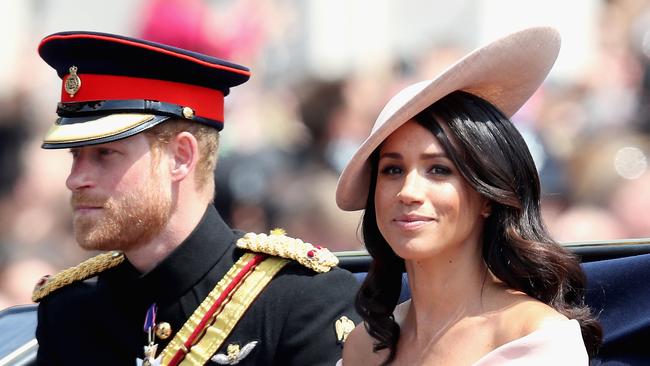 Meghan, Duchess of Sussex and Prince Harry, Duke of Sussex during Trooping The Colour on the Mall on June 9, 2018 in London. Picture: Getty