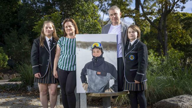 Max McKenzie who passed away from an anaphylactic reaction when he was 15 in 2021. Parents Ben, Tamara, and sisters Ella and Lucy McKenzie at Camberwell Grammar. Picture by Wayne Taylor 23rd May 2023