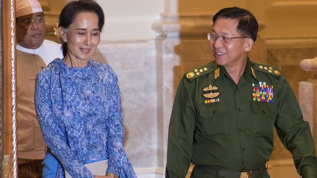 Aung San Suu Kyi and military chief Senior General Min Aung Hlaing in 2016. Picture: AFP.