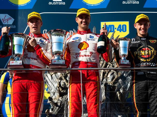 Ford’s Scott McLaughlin, teammate Fabian Coulthard and Holden’s Anton de Pasquale on the podium after race two of the Phillip Island 500.