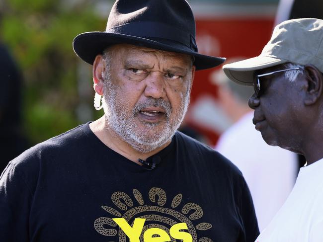 Indigenous leader and Yes campaigner Noel Pearson is in Cairns for a final push for the Yes vote in Saturday's federal referendum on the Indigenous Voice to Parliament. Noel Pearson speaks with Yolngu North East Arnhem Land elder Djawa. Picture: Brendan Radke