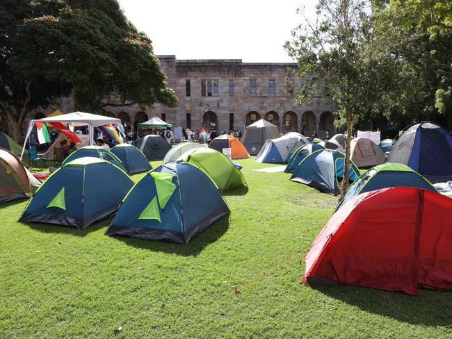 Pro-Palestinian protest camp, Great Court, UQ Campus, St. Lucia. Picture: Liam Kidston