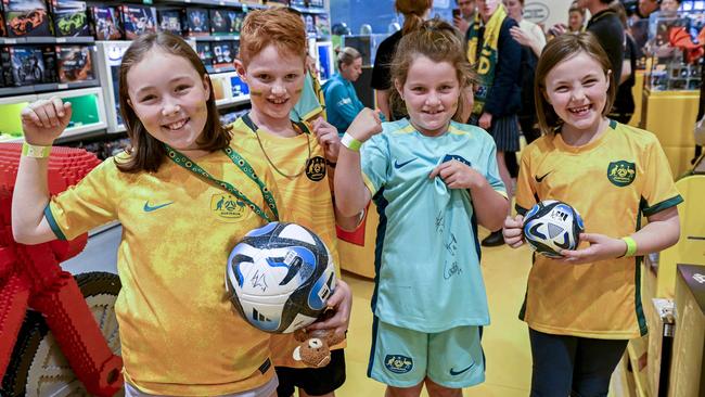 Carey Enders-Flynn, 10, Rory Backo, 9, Billie Backo, 7, and Lainey Enders-Flynn, 7, after getting their balls and shirts signed during a meet and greet. Picture Mark Brake