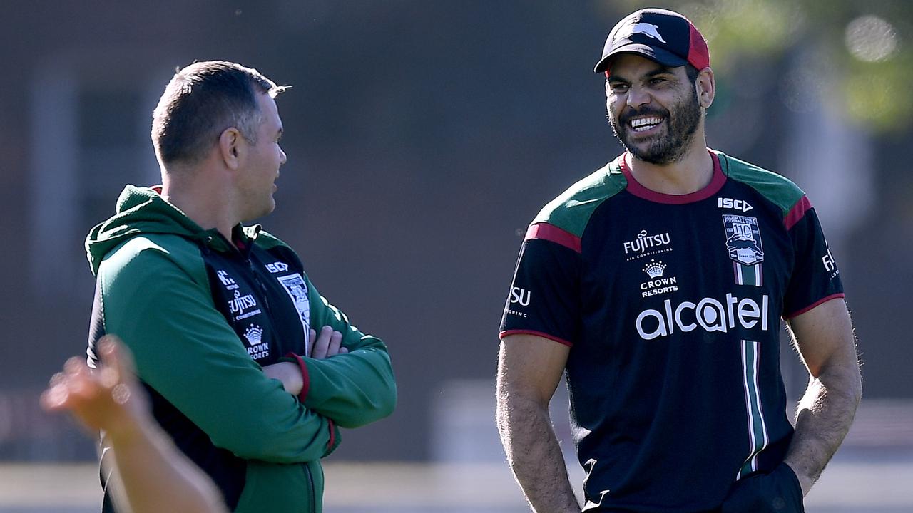 South Sydney Rabbitohs player Greg Inglis speaks with coach Anthony Seibold (left) during a team training session at Redfern Oval.