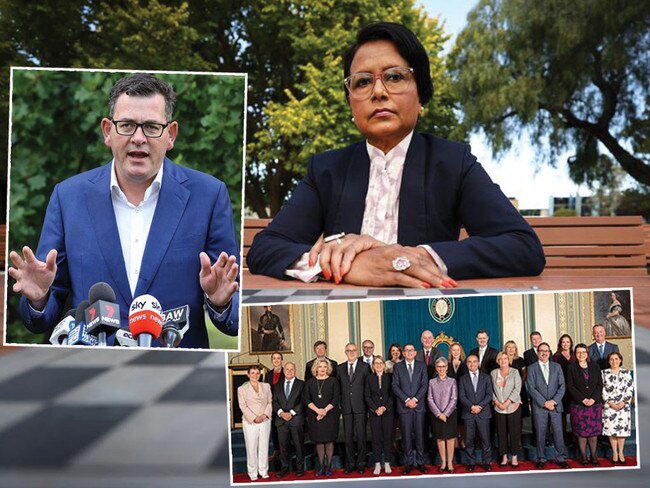 Kaushaliya Vaghela, right, has accused the Labor government and Victorian Premier Dan Andrews, left, of bullying. The Premier recently tweeted a picture of his cabinet, bottom, noting it is '50 per cent women'. Pictures: News Corp/Twitter