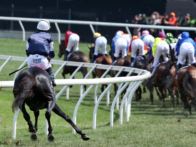 Melbourne Cup Day races at Flemington Racecourse. 06/11/2018. Race 7. The Melbourne Cup.  The Cliffsofmoher gets pulled up at the back of the field after breaking down    . Pic: Michael Klein