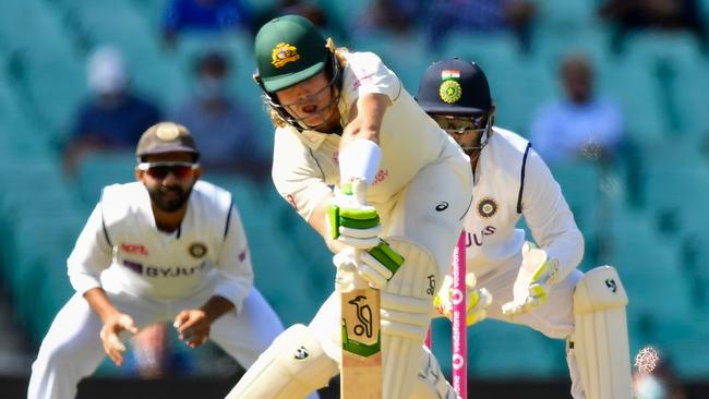 Will Pucovski plays a shot during the third Test between Australia and India. Picture: AFP