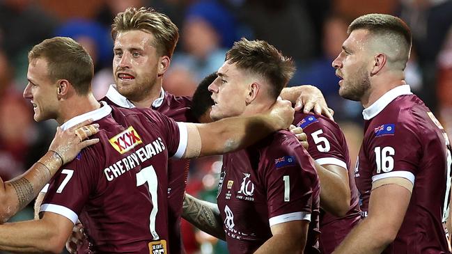 ADELAIDE, AUSTRALIA - NOVEMBER 04: Alex Brimson of the Maroons celebrates with team mates after scoring a try during game one of the 2020 State of Origin series between the Queensland Maroons and the New South Wales Blues at the Adelaide Oval on November 04, 2020 in Adelaide, Australia. (Photo by Cameron Spencer/Getty Images)