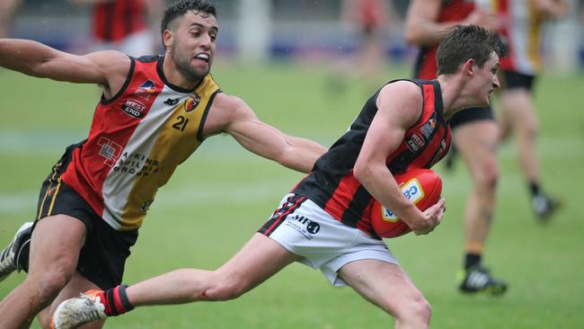 Nick Favretto (left) was among his side’s best players yet again against Rostrevor Old Collegians. Picture: Dean Martin