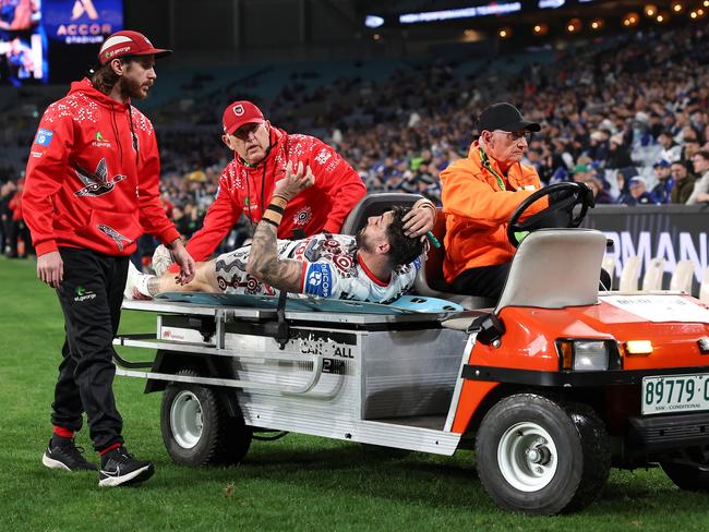 Jack Bird of the Dragons stretchered off with an ankle injury. Picture: Cameron Spencer/Getty Images