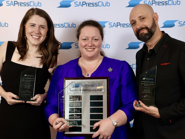 The Advertiser's editor Gemma Jones, state political editor Kathryn Bermingham and chief court reporter Sean Fewster at the 2024 SA Press Club Awards. Picture: Kelly Barnes