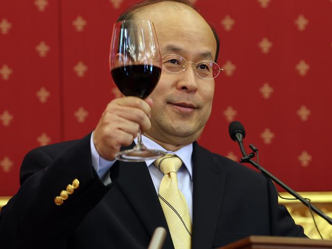 CANBERRA, AUSTRALIA - NewsWire Photos JANUARY 10, 2023: Press conference with Ambassador Xiao Qian with a glass of red wine making a toast, at the Chinese Embassy in Canberra.Picture: NCA NewsWire / Gary Ramage