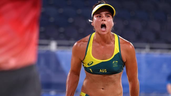 TOKYO, JAPAN – AUGUST 03: Mariafe Artacho del Solar #1 of Team Australia reacts as she competes against Team Canada during the Women's Quarterfinal beach volleyball on day eleven of the Tokyo 2020 Olympic Games at Shiokaze Park on August 03, 2021 in Tokyo, Japan. (Photo by Ezra Shaw/Getty Images)