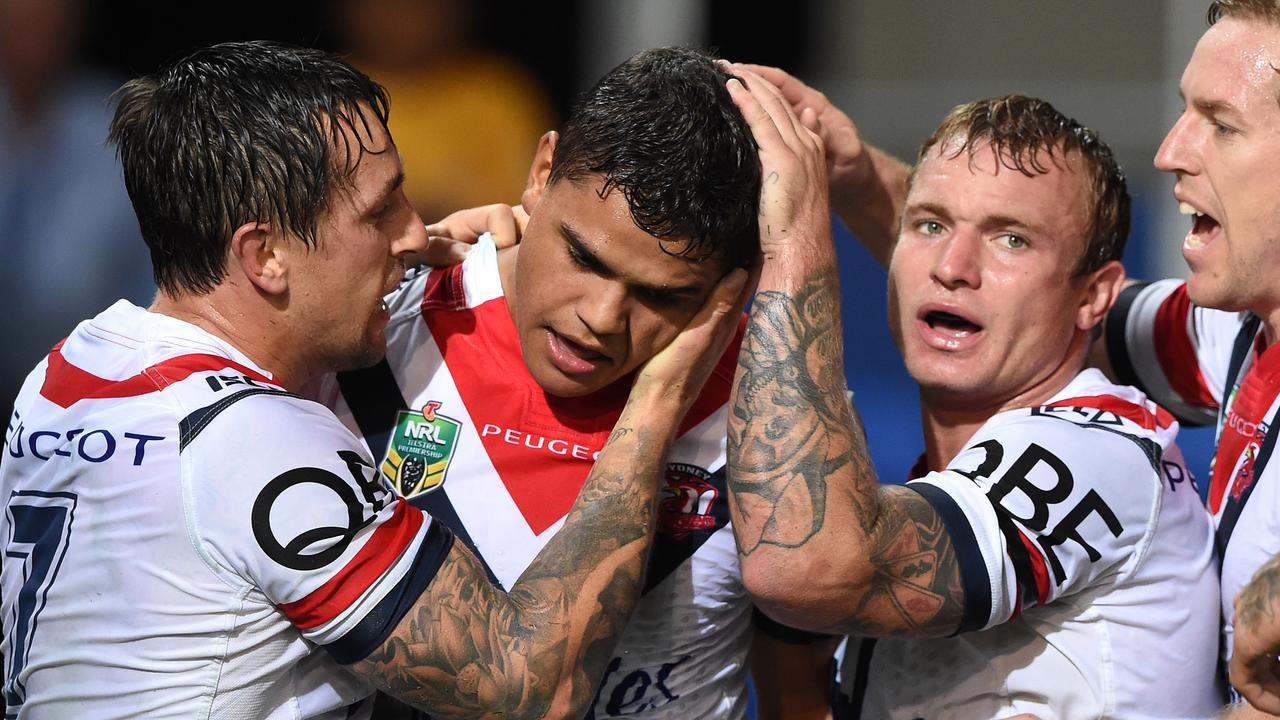 Mitchell Peace and Latrell Mitchell were teammates at the Roosters. Picture: AAP Image/Dave Hunt